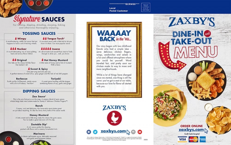 Zaxbys_MenuFront Ross4Marketing An EDDM, Signage & Print Marketing